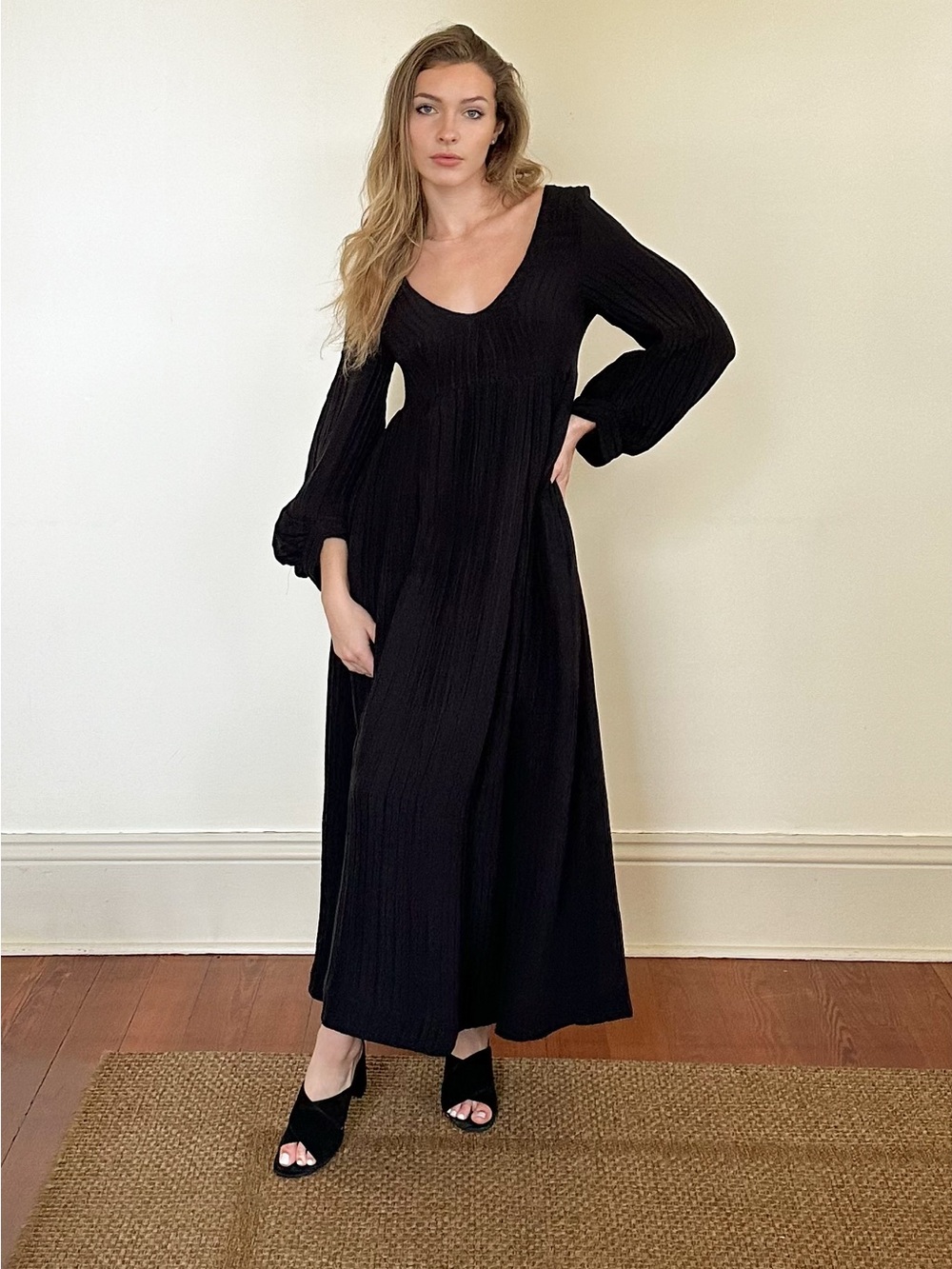 Black Silk Blend Handmade Maxi Dress with pockets. NWOT